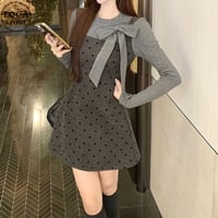 フェイクレイヤード ミニワンピース フェイクツーピース リボンタイ付き カットソー ドット柄ワンピース スリムフィット 長袖 レトロ 大人可愛い ガーリー DTC-865485856238