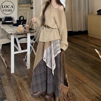 セットアップ 上下セット エスニック風 モヘアニット トップス ロングスカート 不規則デザイン チェック柄スカート ルーズ 長袖 レトロ 大人可愛い ガーリー DTC-841436440146