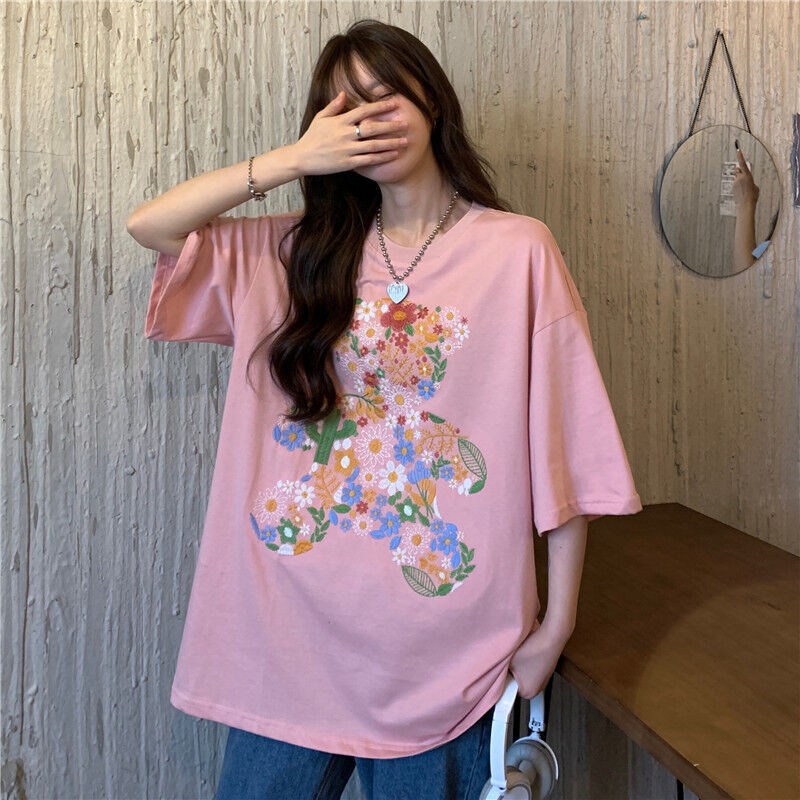 Tシャツ くまちゃん 花 刺繍 半袖 オーバーサイズ 韓国