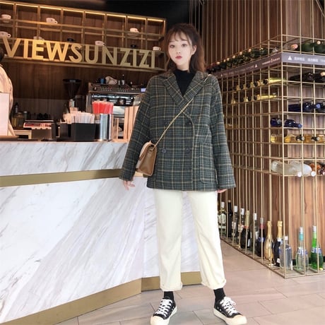 チェック柄 ラシャ テーラードジャケット 韓国ファッション レディース ウールジャケット アウター 暖かい ダブルブレスト レトロ 秋 冬 (DTC-603067482652)