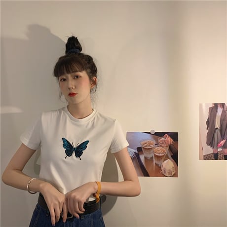 バタフライ Tシャツ クロップド丈 半袖 ホワイト 蝶 白 ショート丈 かわいい レトロ 韓国ファッション レディース 大人可愛い ガーリー DTC-615160318594_wt