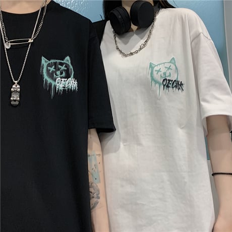 ユニセックス Tシャツ ネコプリント バックプリント 半袖 韓国ファッション メンズ レディース 大きめ ルーズ カジュアル ストリート系 DTC-638753135798