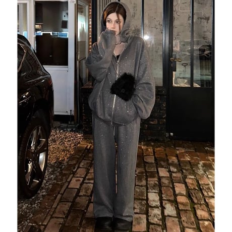 セットアップ 上下セット スウェット グリッター ビジュー パーカー ジップアップ スウェットパンツ 長袖 ルーズ レトロ 大人可愛い ガーリー カジュアル DTCA-825745617712