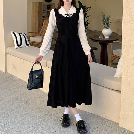 フェイクレイヤード リボン付き プリーツ ワンピース Aライン ハイウエスト ロングワンピース フェイクツーピース 長袖 レトロ 大人可愛い ガーリー DTCA-841714950967