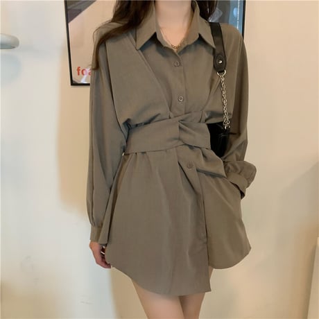 2点セット シャツワンピース ショートパンツ ブラウスワンピース ウエストマーク チュニック ハイウエスト 韓国ファッション レディース 大人可愛い ガーリー DTC-652671430064