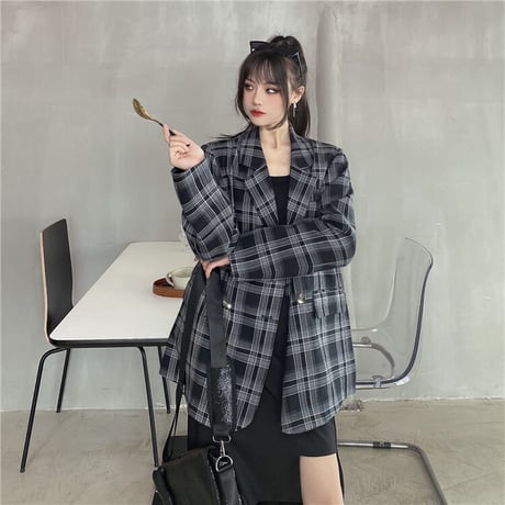 チェック柄 テーラードジャケット ルーズ 韓国ファッション レディース ジャケット ダブルブレスト 大人可愛い ガーリー 大人カジュアル カジュアル DTC-627460867022