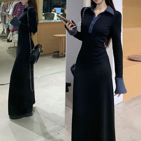 襟付き ニットワンピース スリムフィット  ロングワンピース ワンピース Aライン 長袖 レトロ 韓国ファッション レディース 大人可愛い ガーリー DTCA-868291827976