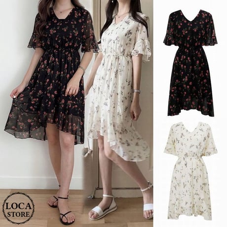 レディース 花柄シフォンワンピース レトロ ハイウエスト フェミニン ガーリー 韓国ファッション (DCT-594879835987)