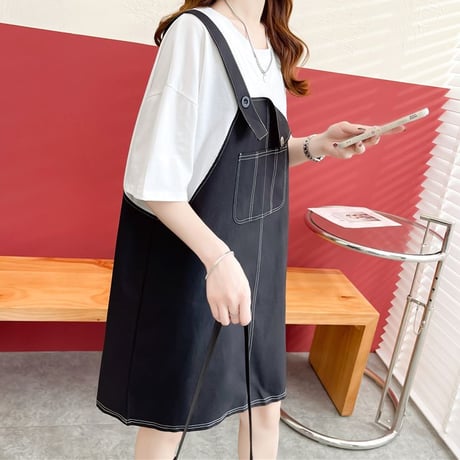 フェイクレイヤード ワンピース Tシャツ ドッキングワンピース ミニ丈 バイカラー ルーズ 半袖 レトロ 大人可愛い ガーリー 韓国ファッション レディース DTC-678993747695
