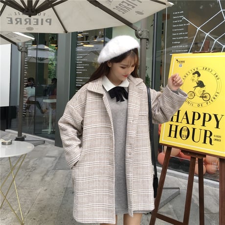 チェック柄 ウール チェスターコート 韓国ファッション レディース アウター シングルブレスト コート 秋 冬 大人カジュアル (DTC-604059827952)