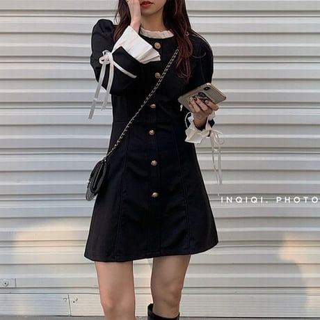 ワンピース フリル バイカラー ボタン ハイウエスト 長袖 韓国ファッション レディース 大人可愛い ガーリー フェミニン DTC-633361821578