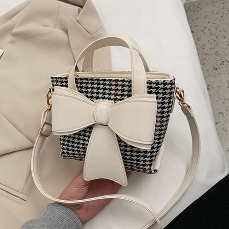 2WAY ハンドバッグ ショルダーバッグ ミニバッグ 千鳥格子 リボン チェック柄 バッグ 鞄 レトロ ホワイト ブラック ブラウン DTC-631010281178