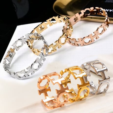 【2点セット】 リング ＋ バングル 金属アレルギー対応 レディース ローマ字切り抜き アルファベット シルバー ゴールド ローズゴールド チタンスチール DTC-601886239304_2s