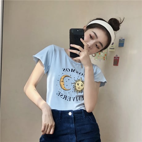 Tシャツ 半袖 袖切りっぱなし ショート丈 月と太陽 ブルー カジュアル レトロ  韓国ファッション レディース 大人可愛い ガーリー DTC-614247121002_bl