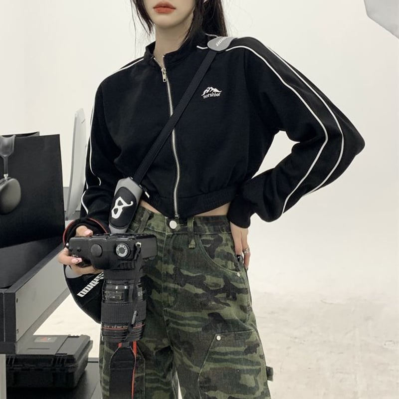 ショート ストリート 配色ライン ツイードジャケット 韓国 ショート丈 ジャケット ジップアップ サイドライン ワンポイント