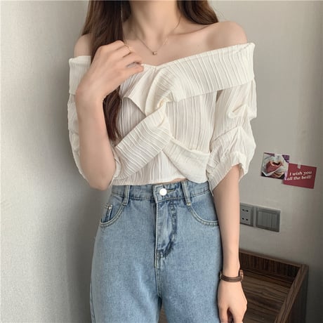 2way ブラウス Vネック オフショルダー 半袖 薄手 無地 韓国ファッション レディース トップス 大人可愛い ガーリー DTC-650101350711