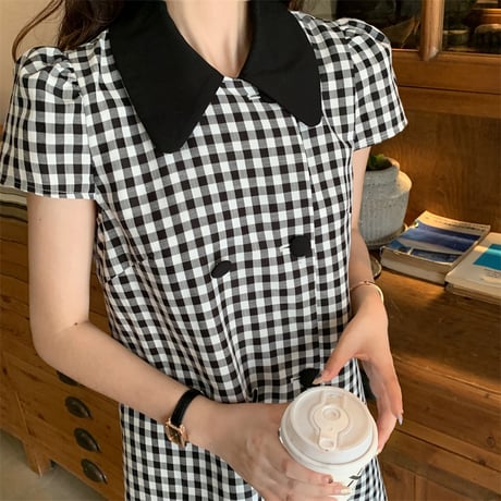 チェック柄 ワンピース ダブルボタン 襟付き ミニワンピース 半袖 ルーズウエスト レトロ 韓国ファッション レディース 大人可愛い ガーリー DTC-673955540644