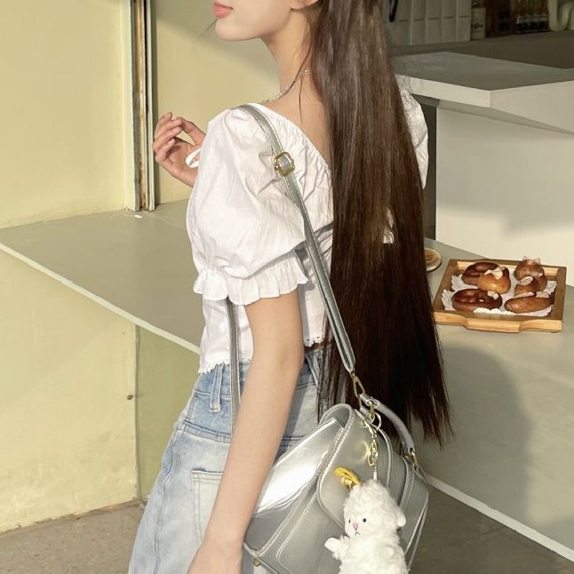 DiddiModa スクエアネック レースブラウス パフスリーブ ショート丈 DiddiModa スクエアネック レースブラウス パフスリーブ