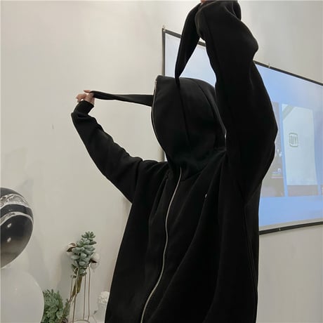 パーカー プルオーバー プラスベルベット ウサギ耳 フードジップ ルーズ 韓国ファッション レディース ゆったり 大きめ カジュアル ストリート系 DTC-632251286193