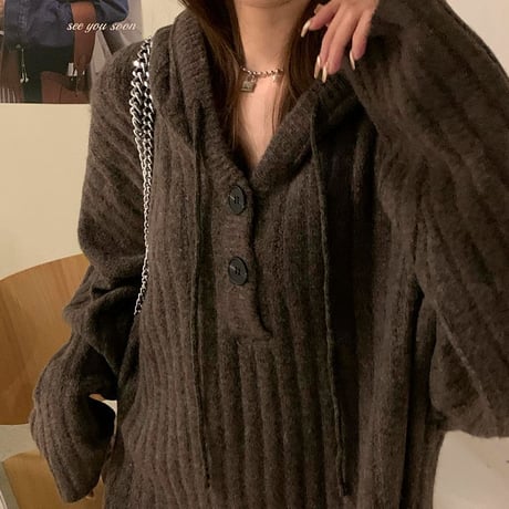 フード付き ニットセーター ハーフボタン ニットパーカー ミディアム丈 ニット ゆったり 長袖 韓国ファッション レディース カジュアル 大人可愛い ガーリー DTC-661225909615