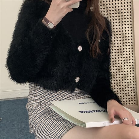 クロップド丈 ニットカーディガン シングルブレスト シャギー風 Vネック 薄手 長袖 ショート丈 レトロ 韓国ファッション レディース 大人可愛い ガーリー DTC-628749209744