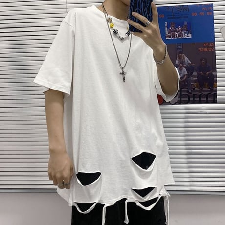 ユニセックス tシャツ ダメージ加工 半袖 オーバーサイズ カジュアル 韓国ファッション メンズ レディース ストリートファッション DTC-618883841543