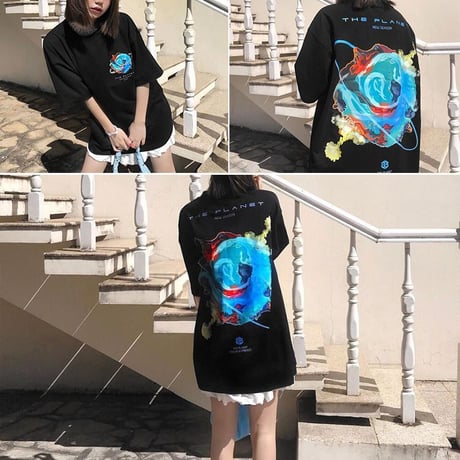 ユニセックス Tシャツ プラネット 惑星 プリント 半袖 オーバーサイズ ゆったり カジュアル 韓国ファッション メンズ レディース 韓国ストリートファッション DTC-642267128984