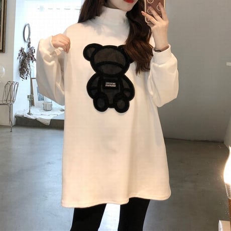 tシャツ ハイネック 裏起毛 クマちゃん ベアー トップス ゆったり プラスベルベット 長袖 レトロ 韓国ファッション レディース 大人可愛い ガーリー フェミニン DTC-659982367382