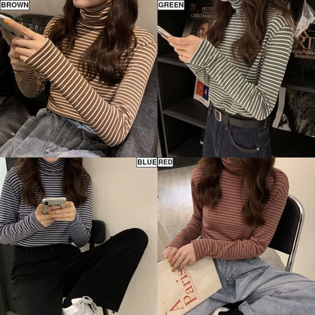 ストライプ スリムフィット カットソー ハイネック 韓国ファッション レディース 起毛 タートルネック タイト 長袖 Tシャツ レトロ (DTC-608574695103)