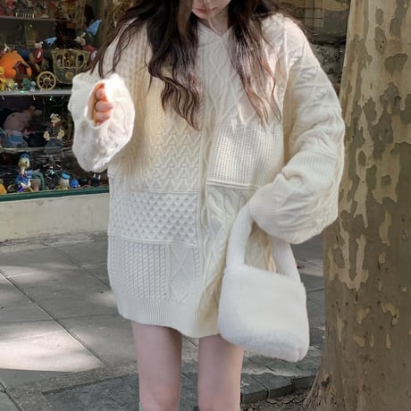 フード付き ニット セーター ルーズ プルオーバー ケーブル編み ゆったり 長袖 レトロ 韓国ファッション レディース 大人可愛い ガーリー カジュアル DTC-691352117955