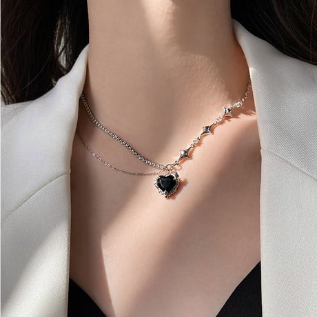 ブラックハート ネックレス 2連 チェーン ハートモチーフ スター ペンダント レディース アクセサリー 合金 DTC-688997188094