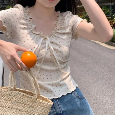 小花柄 ブラウス フリル リボン Tシャツ トップス ショート丈 スリムフィット レースアップ 半袖 レトロ 大人可愛い ガーリー カジュアル フェミニン DTCA-805742781968