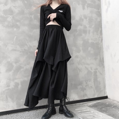 ロングスカート 不規則デザイン 韓国ファッション レディース スカート ロング丈 アシンメトリー Aライン ハイウエスト ブラック 大人可愛い ガーリー DTC-614521338995