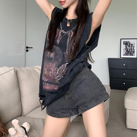 チェーンデザイン タンクトップ ダメージ加工 ウォッシュ加工 ヴィンテージ風 ノースリーブ tシャツ トップス オーバーサイズ レトロ カジュアル ストリート女子 DTCA-795943873261