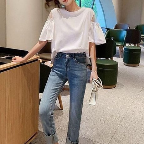 tシャツ シアースリーブ トップス クルーネック シアーtシャツ ゆったり ルーズ 半袖 レトロ 大人可愛い ガーリー カジュアル DTCA-716370765020