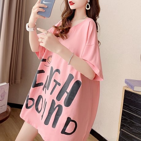 Tシャツ チュニック オープンバック Vネック オーバーサイズ ゆったり 半袖 レトロ 韓国ファッション レディース 大人可愛い ガーリー カジュアル DTC-650661295321