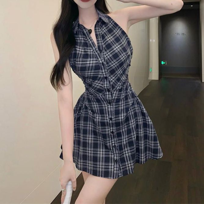 チェック柄 ノースリーブ シャツワンピース 薄手 襟付き ミニ