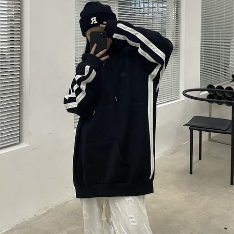サイドライン パーカー プルオーバー プラスベルベット オーバーサイズ ビッグパーカー 長袖 カジュアル 韓国ファッション レディース 韓国ストリートファッション DTC-682221083396