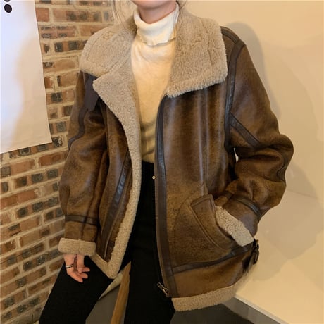 フェイクレザー ジャケットブルゾン フライトジャケット 合成皮革 ボマー ボア 暖かい アウター オーバーサイズ 韓国ファッション レディース 大人可愛い ガーリー DTC-660791367014
