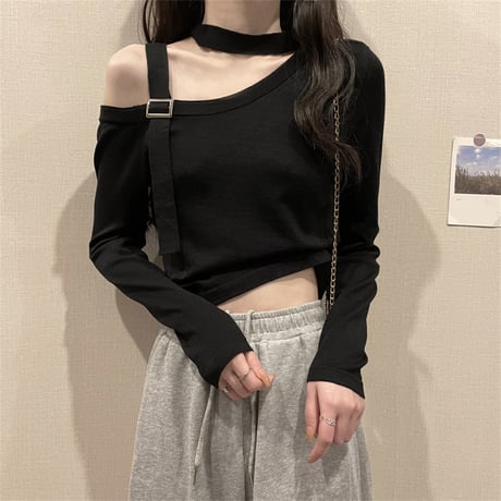 ワンショルダー tシャツ ニット トップス カットソー オフショルダー 肩だし 肩見せ 肩開き 長袖 レトロ 韓国ファッション レディース 大人可愛い ガーリー DTC-652525181958