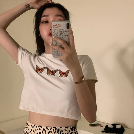バタフライ Tシャツ 半袖 ショート丈 ホワイト 韓国ファッション レディース 蝶 白 かわいい ガーリー DTC-615764921313_wt