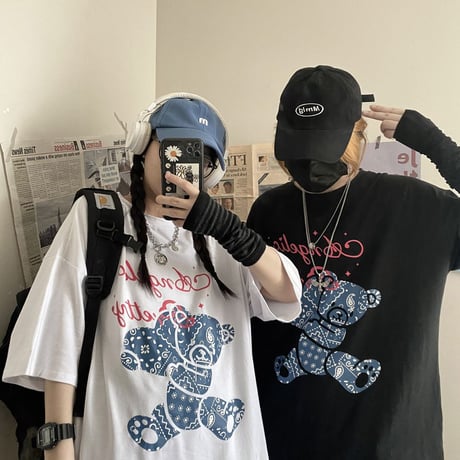 ユニセックス tシャツ ハート クマちゃん ベアー ルーズ 韓国ファッション メンズ レディース オーバーサイズ 大きめ カジュアル ストリート系 DTC-641736753814