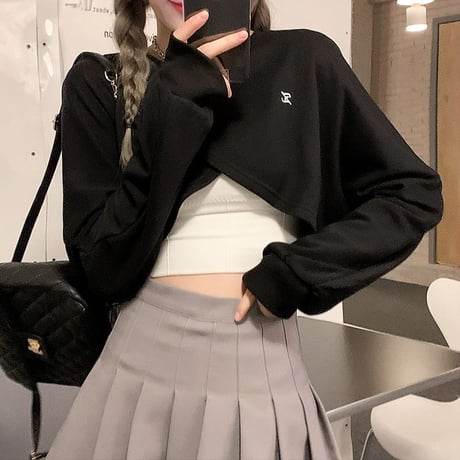不規則 クロス トップス シンプル ルーズ 薄手 ショート丈 レトロ トレーナー 韓国ファッション レディース 大人可愛い ガーリー DTC-651057262550