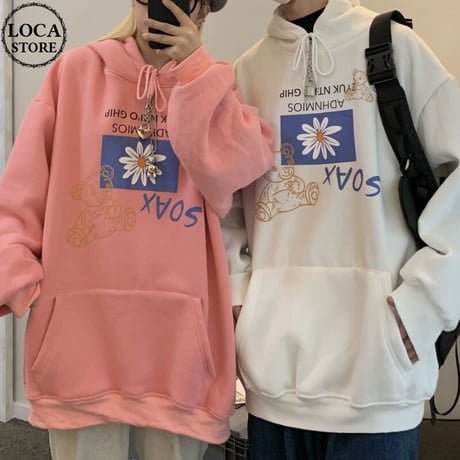 ユニセックス パーカー プルオーバー クマ フラワー 裏起毛 長袖 オーバーサイズ カジュアル 韓国ファッション メンズ レディース 韓国ストリートファッション DTC-684245754495