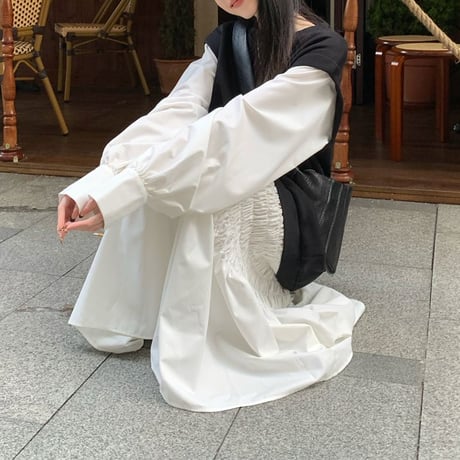 フェイクレイヤード ワンピース フェイクツーピース 切り替え ロングワンピース  Aライン ルーズ 長袖 レトロ 韓国ファッション レディース 大人可愛い ガーリー DTC-881028692653