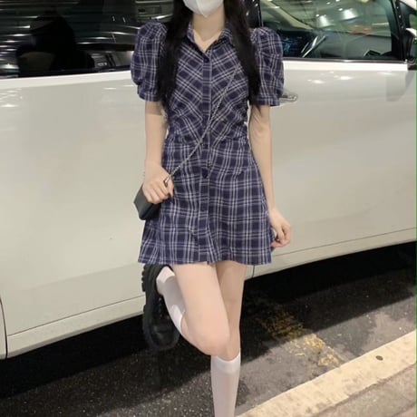チェック柄 シャツワンピース パフスリーブ ハイウエスト ミニワンピース 半袖 レトロ 韓国ファッション レディース 大人可愛い ガーリー フェミニン DTC-676307425634