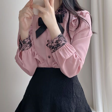 フリルブラウス ブローチ リボン フリル レース ブラウス 長袖 韓国ファッション レディース レトロ 大人可愛い ガーリー フェミニン DTC-654870022966