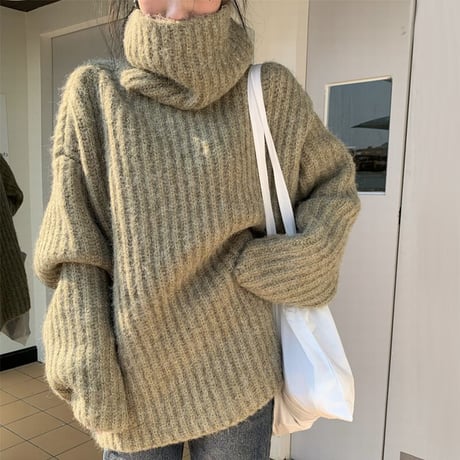 タートルネック リブニット ルーズ ハイネック ニット セーター ゆったり 長袖 レトロ 韓国ファッション レディース 大人可愛い ガーリー カジュアル DTC-691643863678