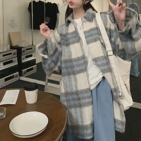 チェック柄ジャケット フェイクウール アウター オーバーサイズ ウールジャケット 起毛 レトロ 韓国ファッション レディース 大人可愛い ガーリー カジュアル DTC-741927455007