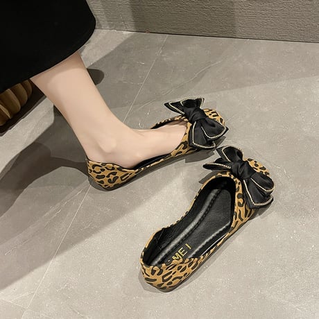 パンプス リボン 22.5～25.0cm フラットシューズ ローヒール 無地 ヒョウ柄 レオパード スクエアトゥ 歩きやすい 美脚 韓国ファッション レディース DTC-666813367025